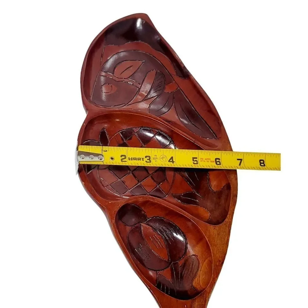 VINTAGE HAITI HAND CARVED WOOD TRAY FISH APPLE‎ TROPICAL LEAF 2 SIDED CARVING